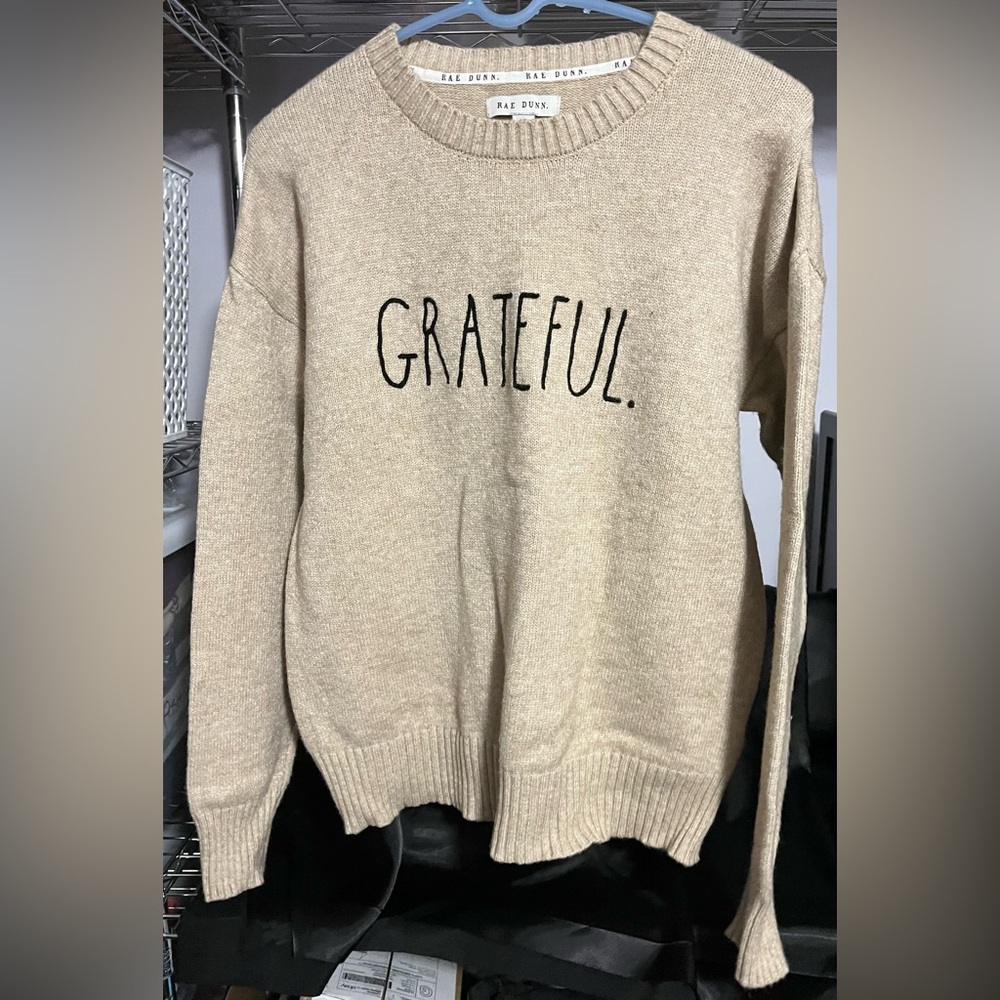 Rae Dunn Cream Crew Neck Sweater Grateful Print - Picture 2 of 4